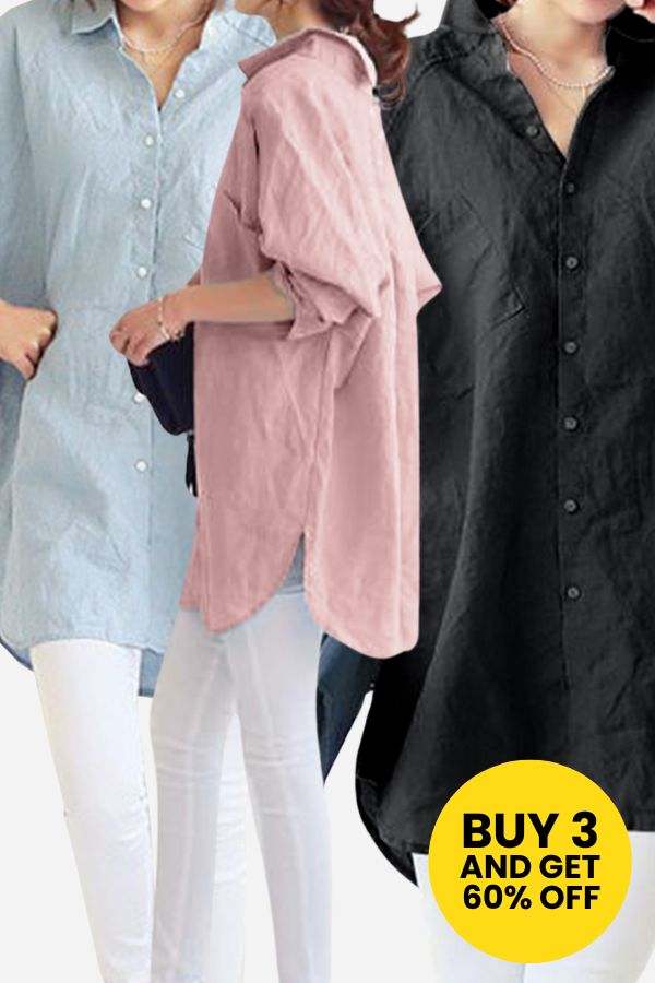Women wearing oversized linen shirts in blue, pink, and black colors with long sleeves and relaxed fit.