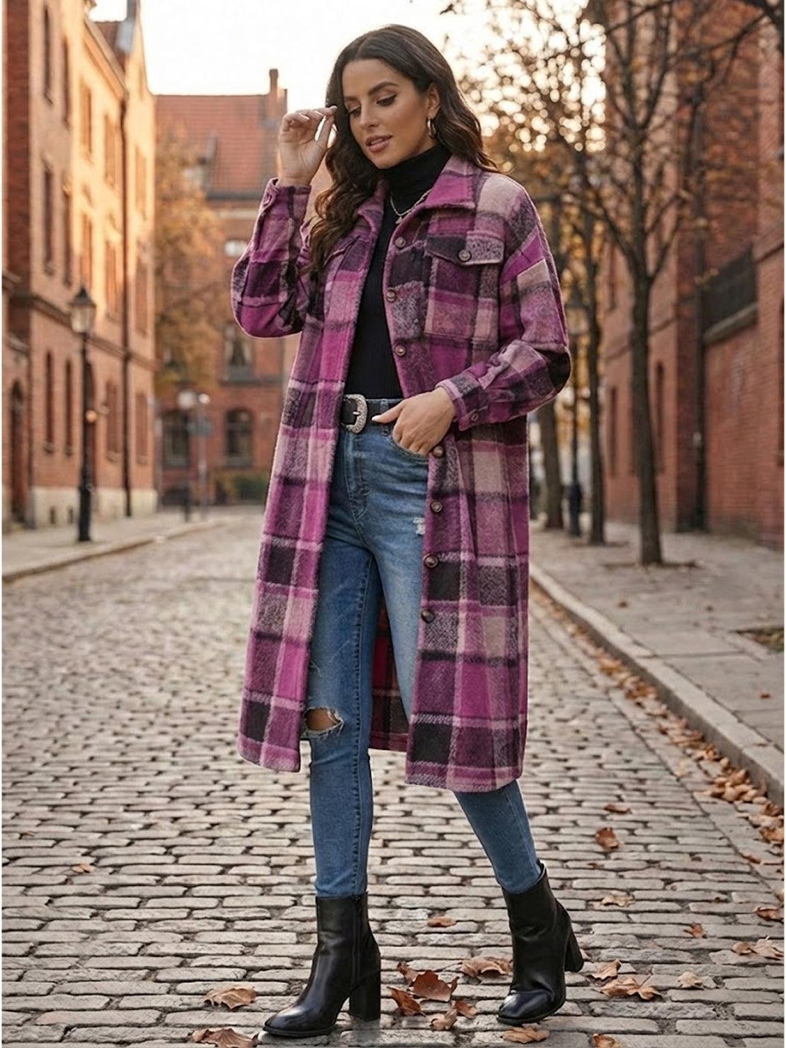 Oversized medium-length blue plaid overshirt wool-blend relaxed fit jacket with functional pockets