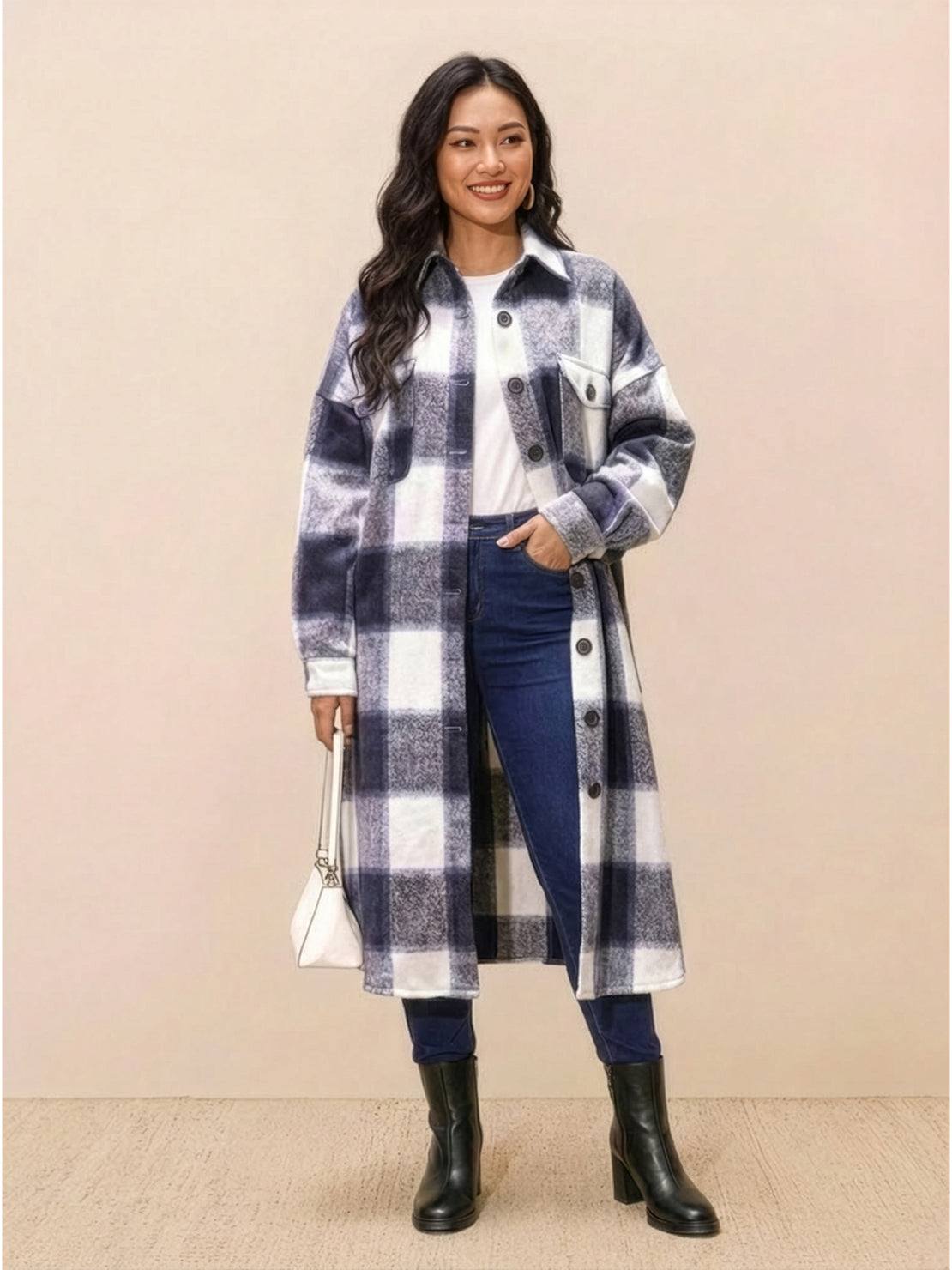 oversized medium-length blue plaid overshirt with relaxed fit and functional pockets