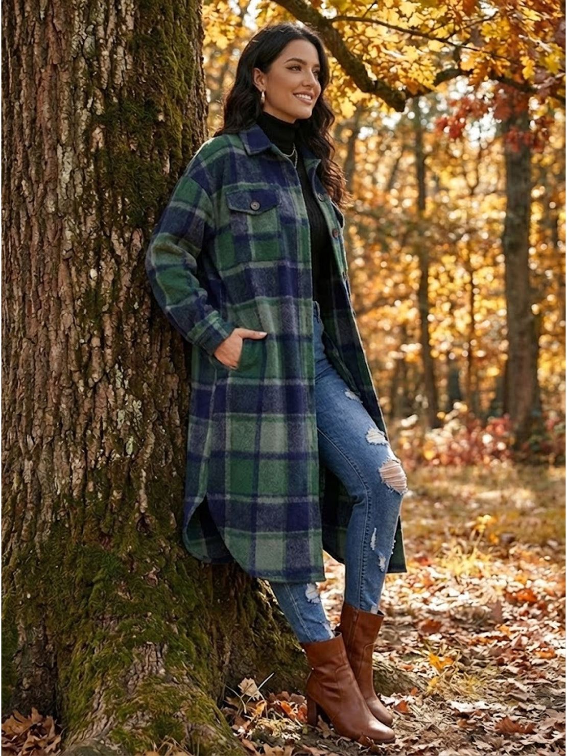 Oversized medium-length blue plaid overshirt wool-blend jacket with relaxed fit and functional pockets