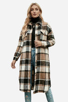 Oversized medium-length plaid overshirt jacket in warm wool-blend fabric with relaxed fit and button closure