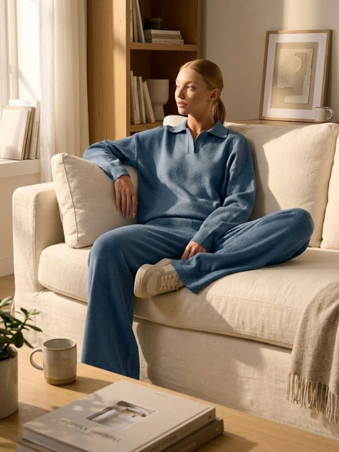 Woman wearing plush and preppy blue two-piece set sitting on beige couch in cozy living room