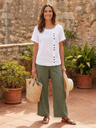 Relaxed Fit Linen Button-Up Tee in breathable cotton-linen with short sleeves and stylish button detail