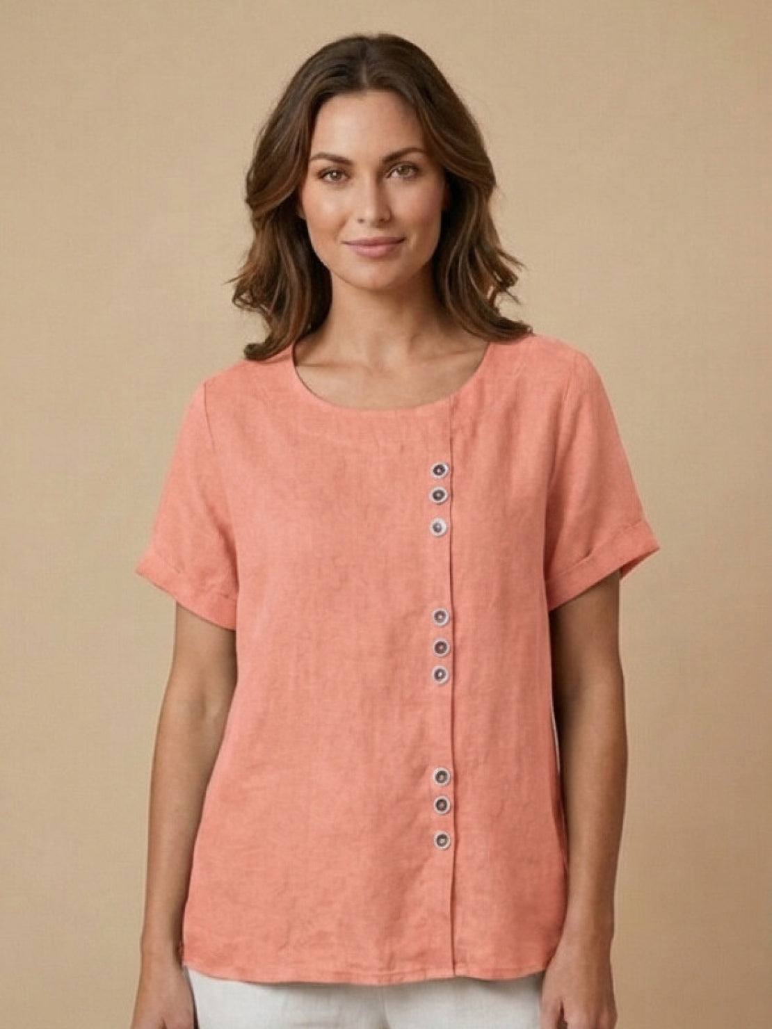 Relaxed Fit Linen Button-Up Tee with breathable cotton-linen fabric and stylish button detail