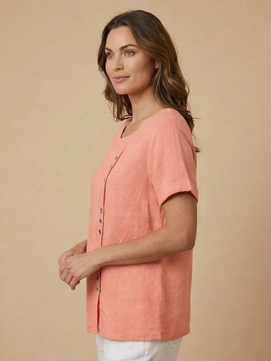 Relaxed Fit Linen Button-Up Tee with breathable cotton linen fabric and stylish button detail