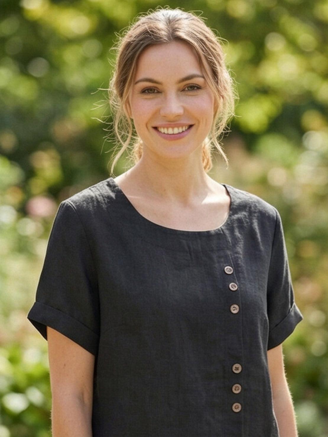 Relaxed Fit Linen Button-Up Tee with breathable fabric and button detail