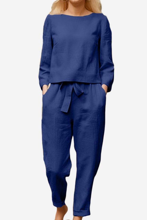 100 cotton linen blue monochrome two-piece women's set with long sleeves and drawstring pants