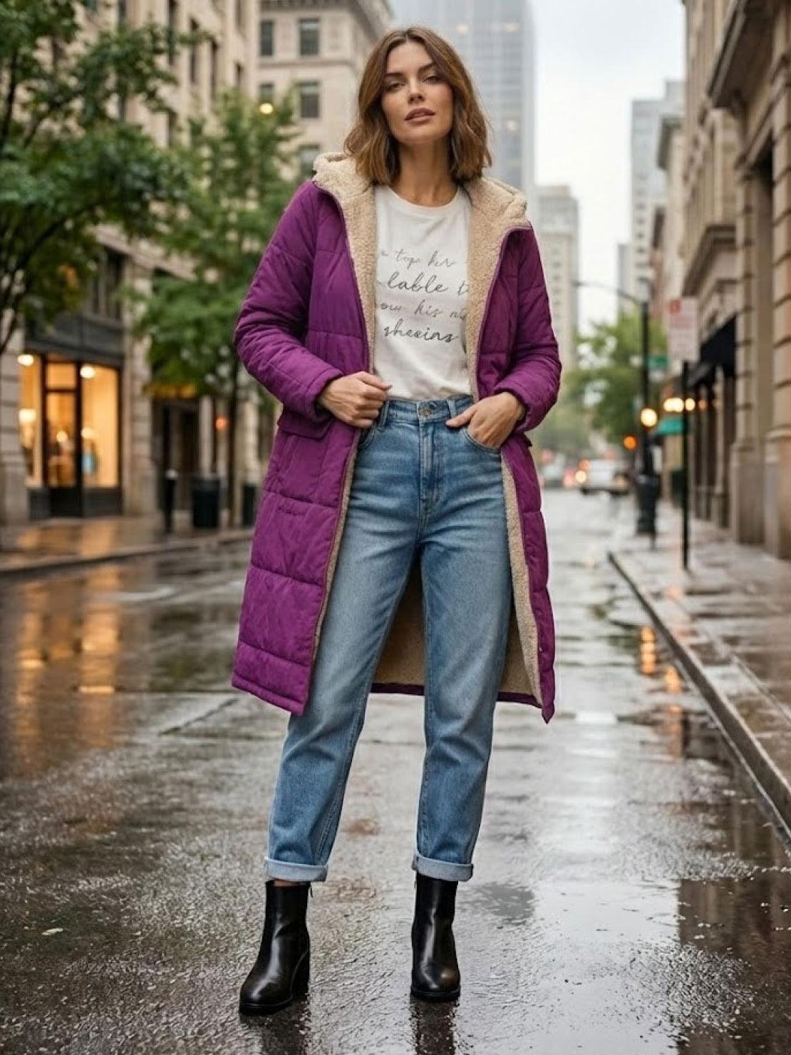Woman wearing purple sherpa-lined hooded teddy coat with jeans and black boots on city street