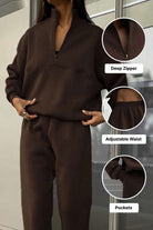 Brown cotton blend tracksuit with deep zipper, adjustable waist, and pockets for tailored comfort and style.