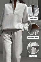 Woman wearing a light gray cotton blend tracksuit with deep zipper, adjustable waist, and pockets