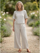 Women’s Meadow loose fit co-ord set featuring soft-tailored top with wide sleeves and wide-leg bottoms in breathable fabric