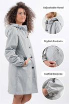 Woman wearing oversized Rain Couture Windbreaker in light grey with adjustable hood, stylish pockets, and cuffed sleeves