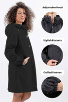 Black Rain Couture Windbreaker with adjustable hood, stylish pockets, and cuffed sleeves, trendy oversized water-resistant jacket for women