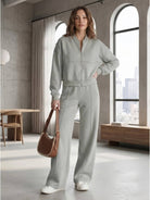 The Voyager Zip Set women's matching zip-front sweatshirt and wide-leg joggers for travel and casual style