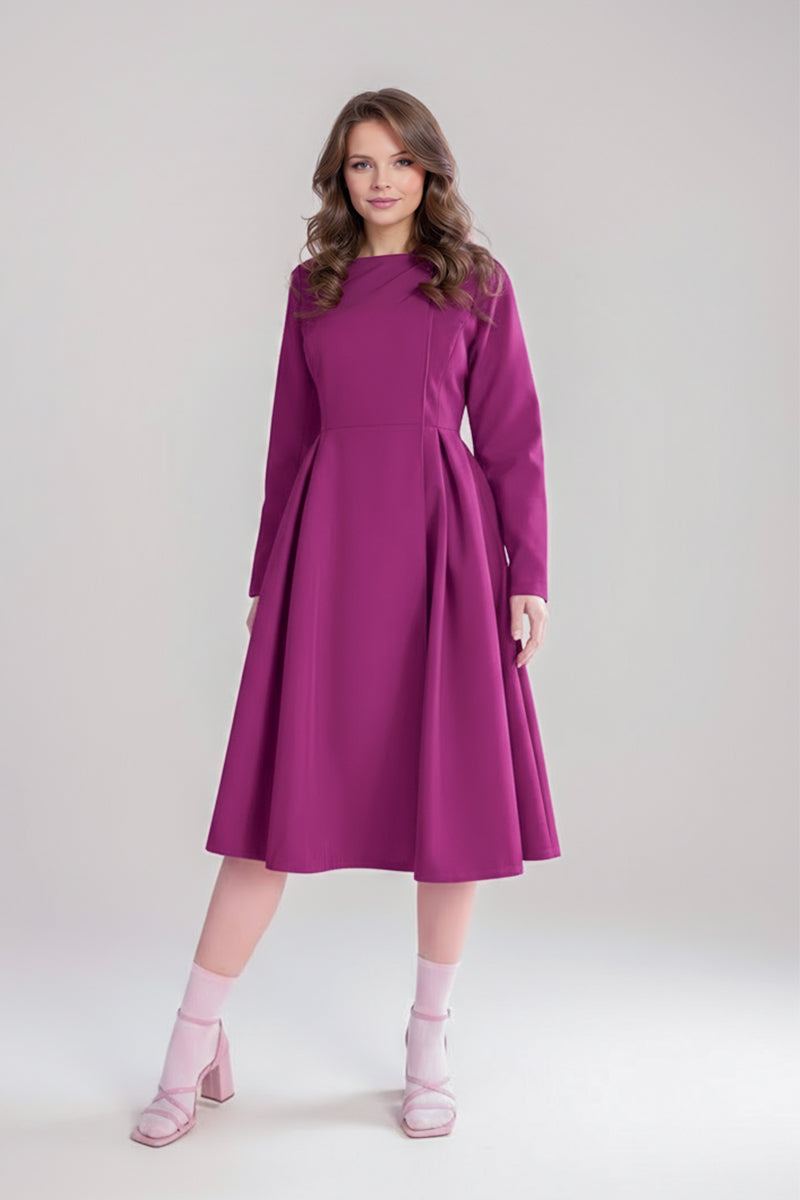 Woman wearing a purple water-repellent rain A-line dress coat with long sleeves and fitted waist belt