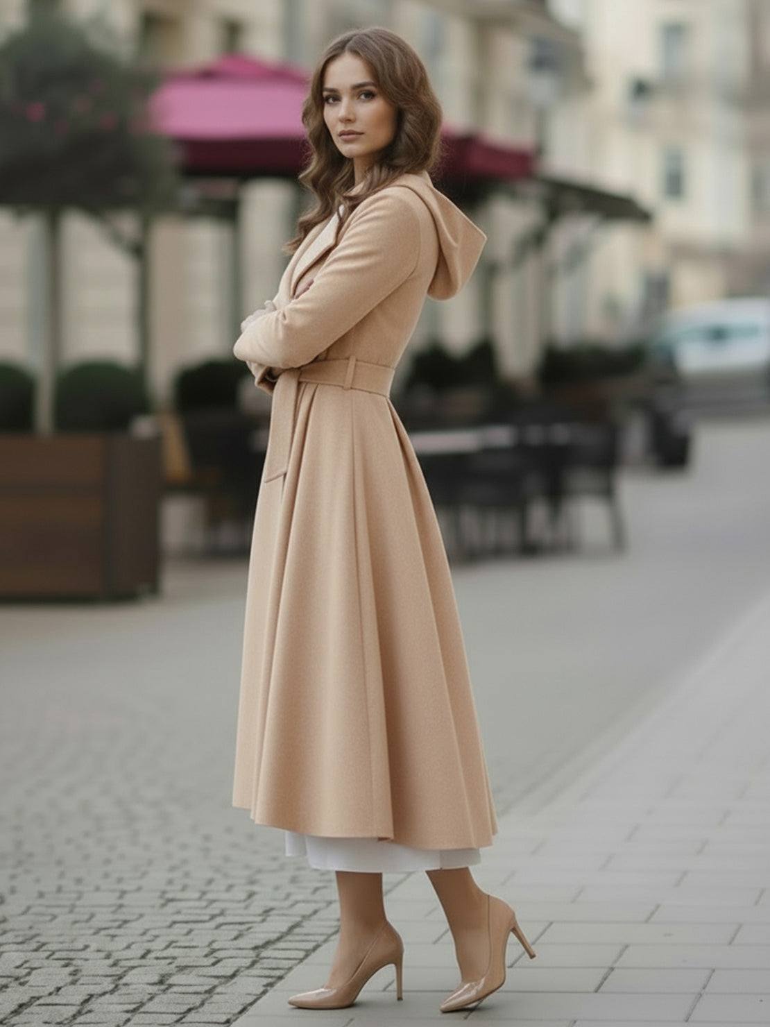 Elegant water-repellent rain A-line hooded raincoat for women