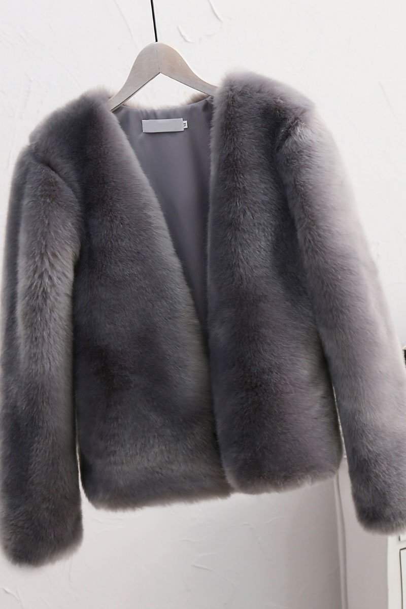 Bold faux fur luxe jacket with V neckline and button closure in soft grey faux mink fur blend