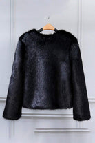 Black bold faux fur luxe jacket with V neckline and button front closure